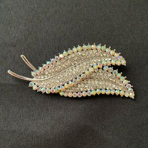 Silver Rhinestone Feather Brooch